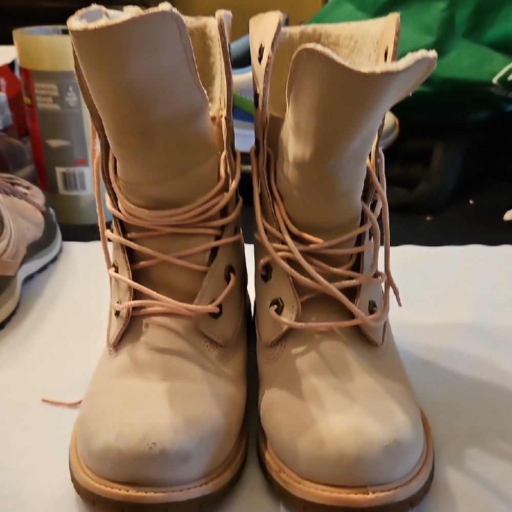 Timberland Pink and Cream Combat Boots with Sturdy Sole